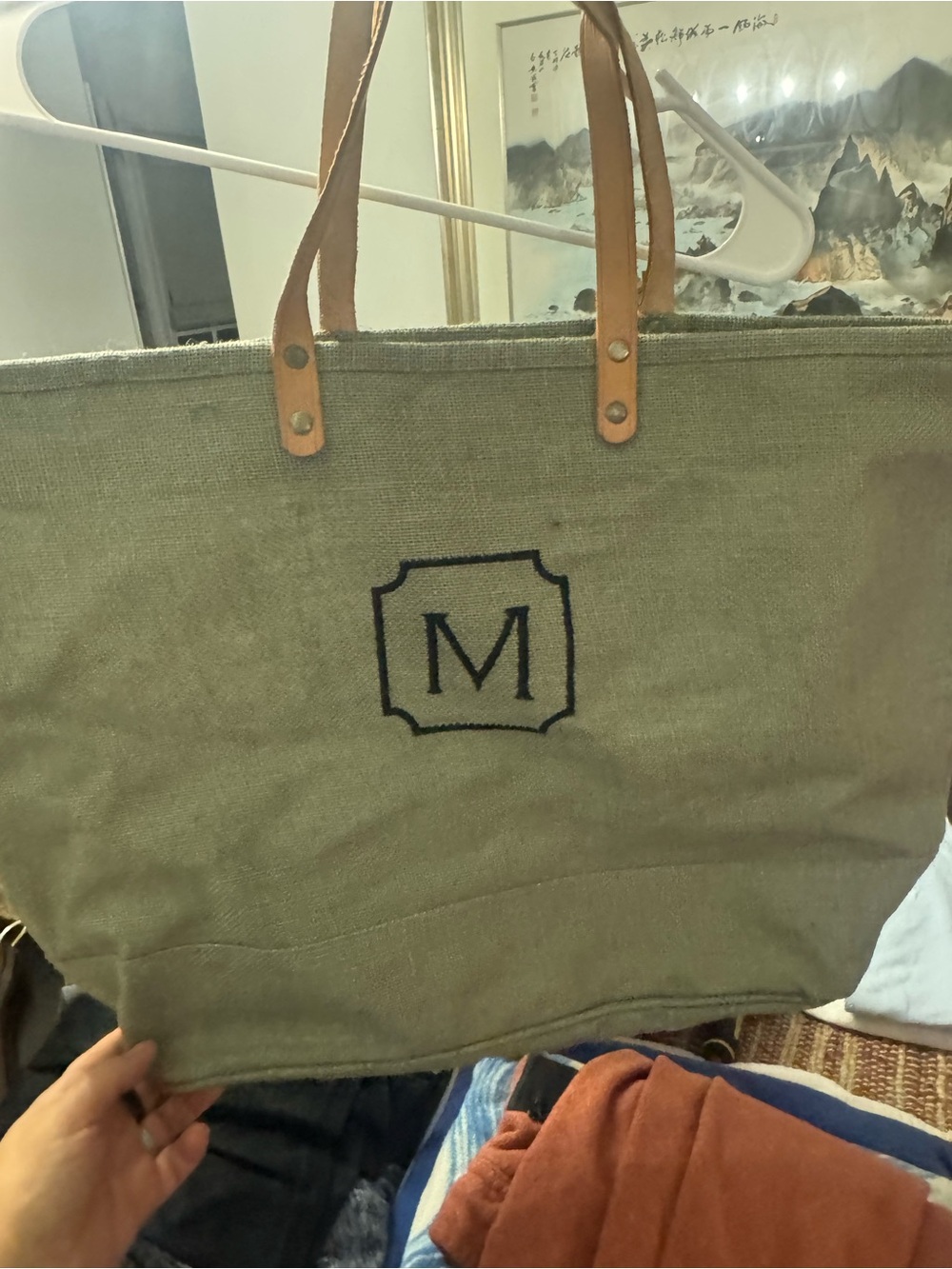 Canvas Tote Bag with Leather Handles - Olive Green